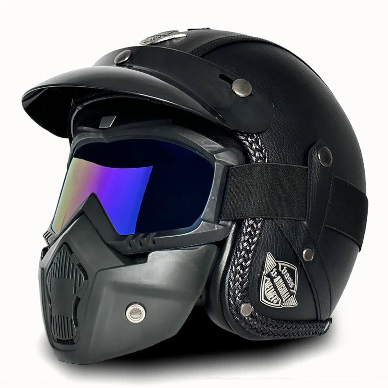 Open Face Helmets – Retro PU Leather Motorcycle Helmet, Vintage Cafe Racer Style, DOT & ECE Certified