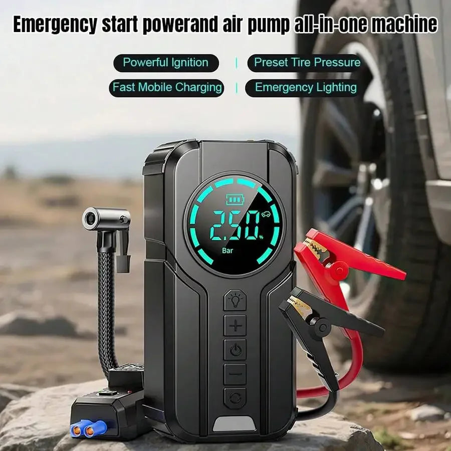 1000A Jump Starter with Air Compressor – 150PSI Electric Tire Inflator & Portable Power Bank for Car, Motorcycle & Bicycle