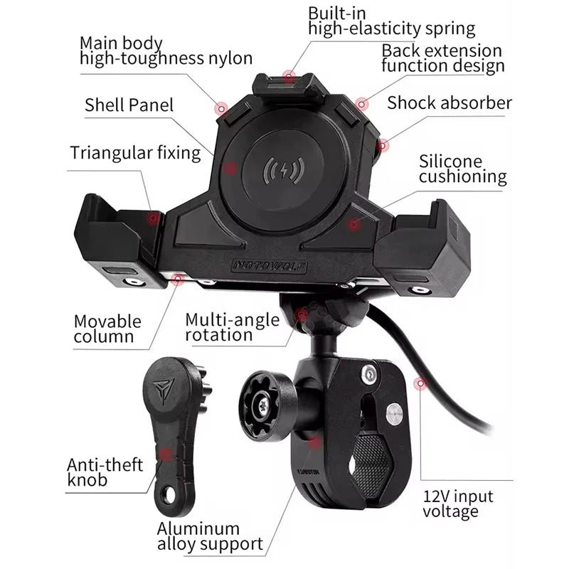 MOTOWOLF Motorcycle Phone Holder – Shockproof Wireless Charging