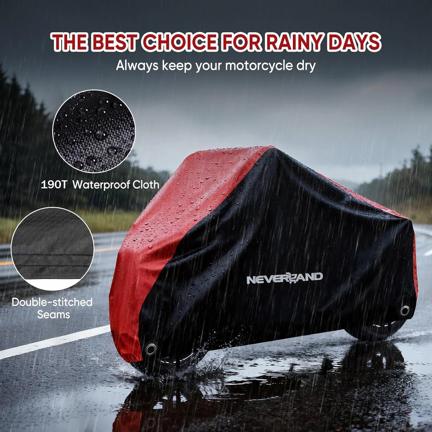 NEVERLAND Motorcycle Cover Waterproof Outdoor Heavy Duty with 2 Lock Holes All Season Indoor Outdoor Universal Motors Cover – 300D Oxford Cloth PU 1500Pa Red Adjustable Elastic Band 1 Year Warranty