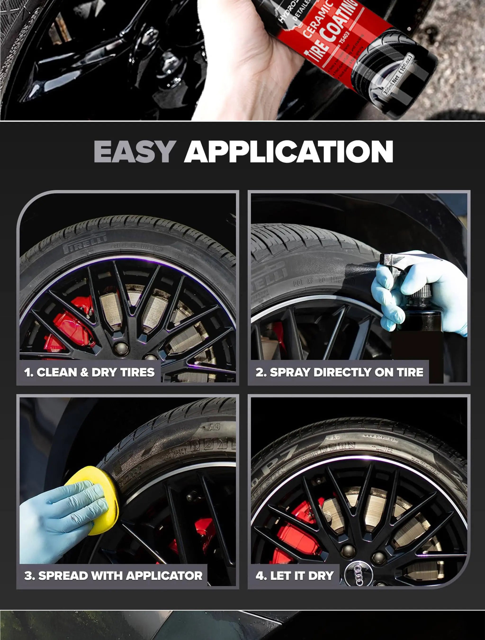 Hydroshine Ceramic Tire Coating Shine Spray – Tyre Gloss Plastic Rubber Restorer Hydrophobic Seal Wax – 50ml / 100ml / 300ml – $16–40