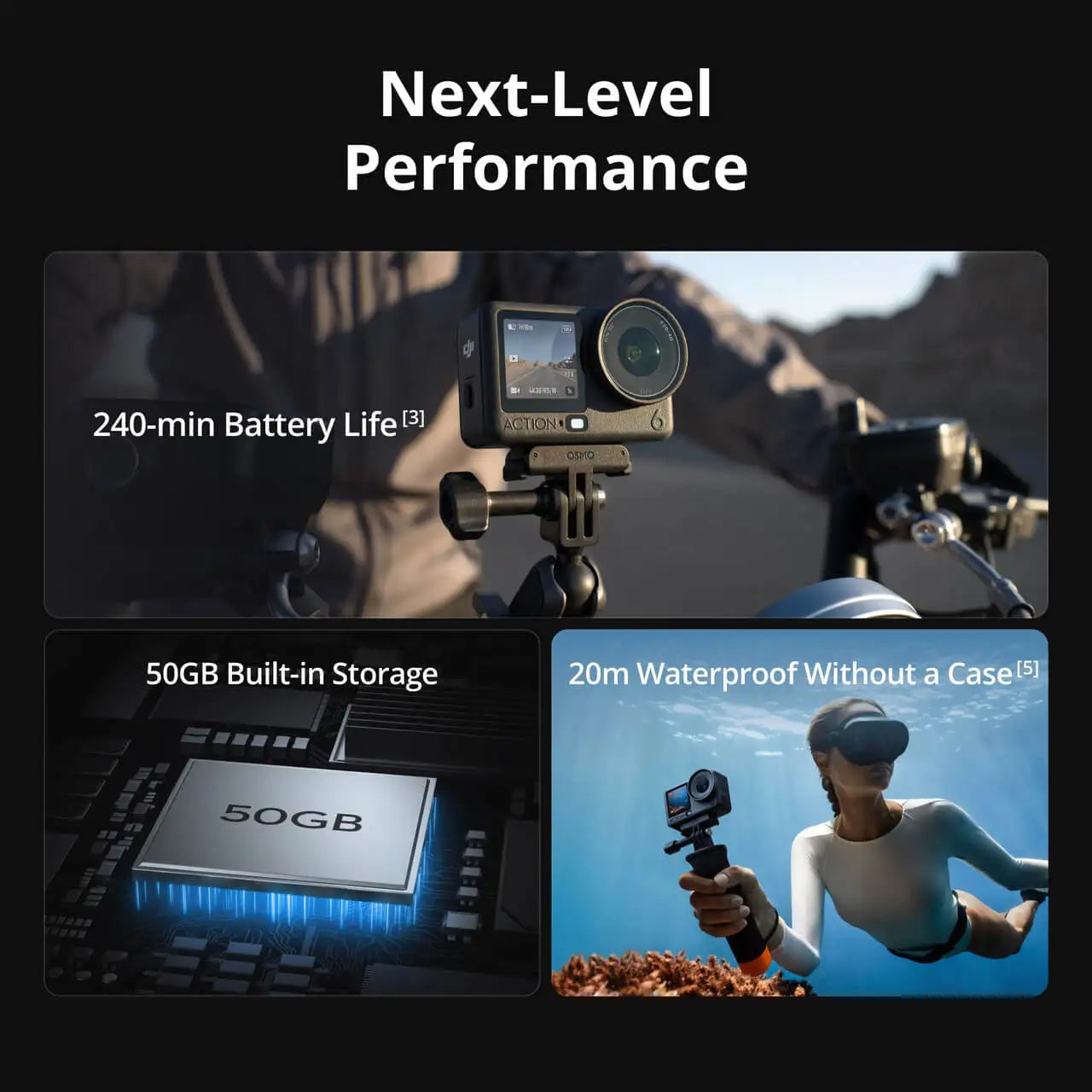 DJI Osmo Action 6 Adventure Combo 8K Waterproof Action Camera Variable Aperture f/2.0 HorizonSteady 360° 20m Underwater 50GB Built-in Storage Dual Mic Gesture Voice Control for Travel Motorcycle Vlog