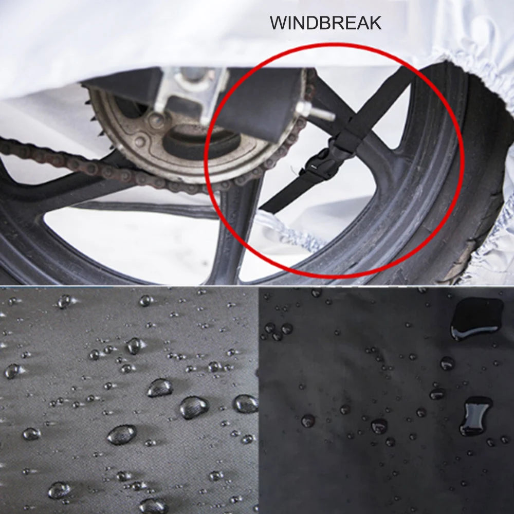 Universal Motorcycle Cover All Season Waterproof Outdoor Protection Against Dust Debris Rain Weather M-XXXXL 210D Oxford Cloth – Black Foldable with Buckle Strap