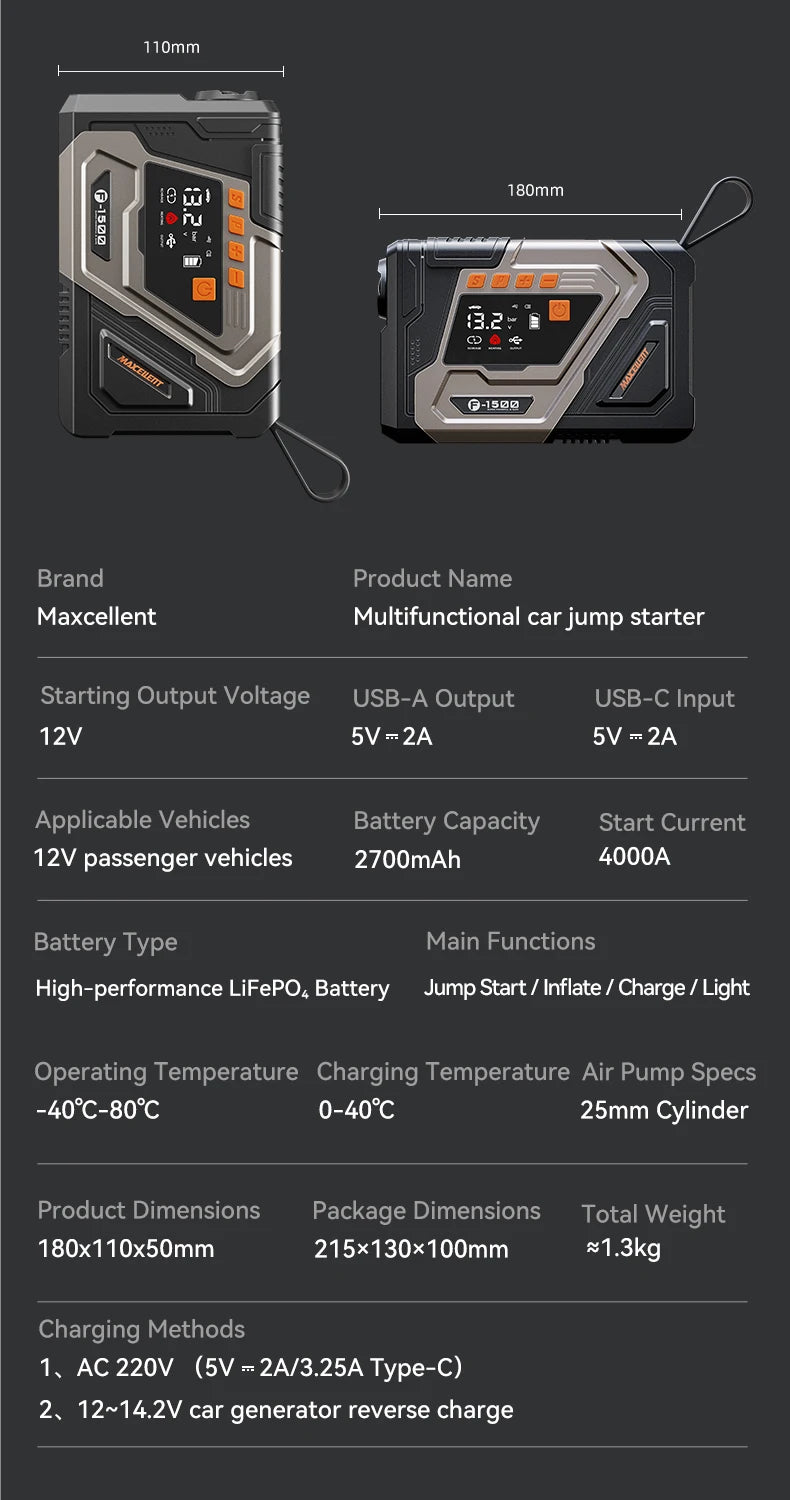 Maxcellent F1500 Flagship 4000A Jump Starter – 145PSI Air Tire Inflator, LED Light & Power Bank for Car, Motorcycle, Diesel & Van