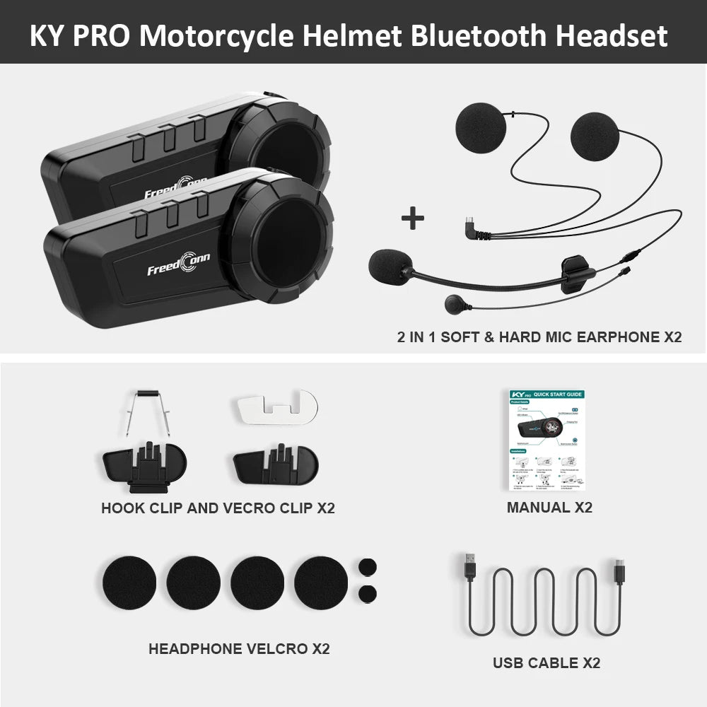 FREEDCONN KY Pro Motorcycle Bluetooth Intercom – 6-Rider 1000m