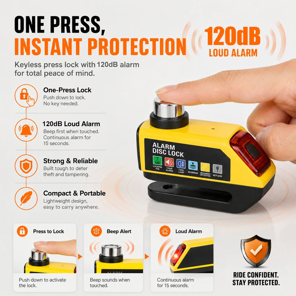 MDUG Motorcycle Alarm Disc Brake Lock 120dB Loud Anti-Theft Security Moto Wheel Disk Padlock Waterproof USB Rechargeable LED Light Bracket – IPX6 – Solo or Set – Blue Red Orange Yellow Black