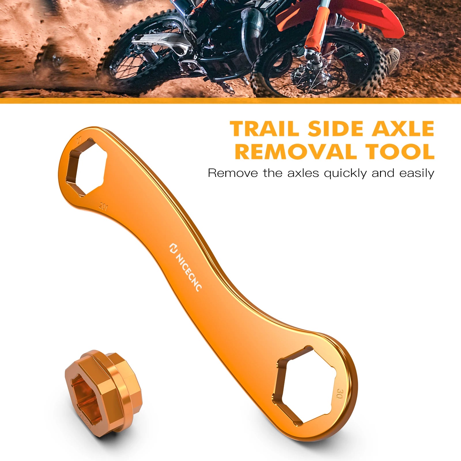 NICECNC Axle Removal Tool + Spark Plug Insert – 17 / 27 / 30mm – KTM / Husqvarna / GasGas 2023–2024 – Billet Anodized Aluminum – from $24