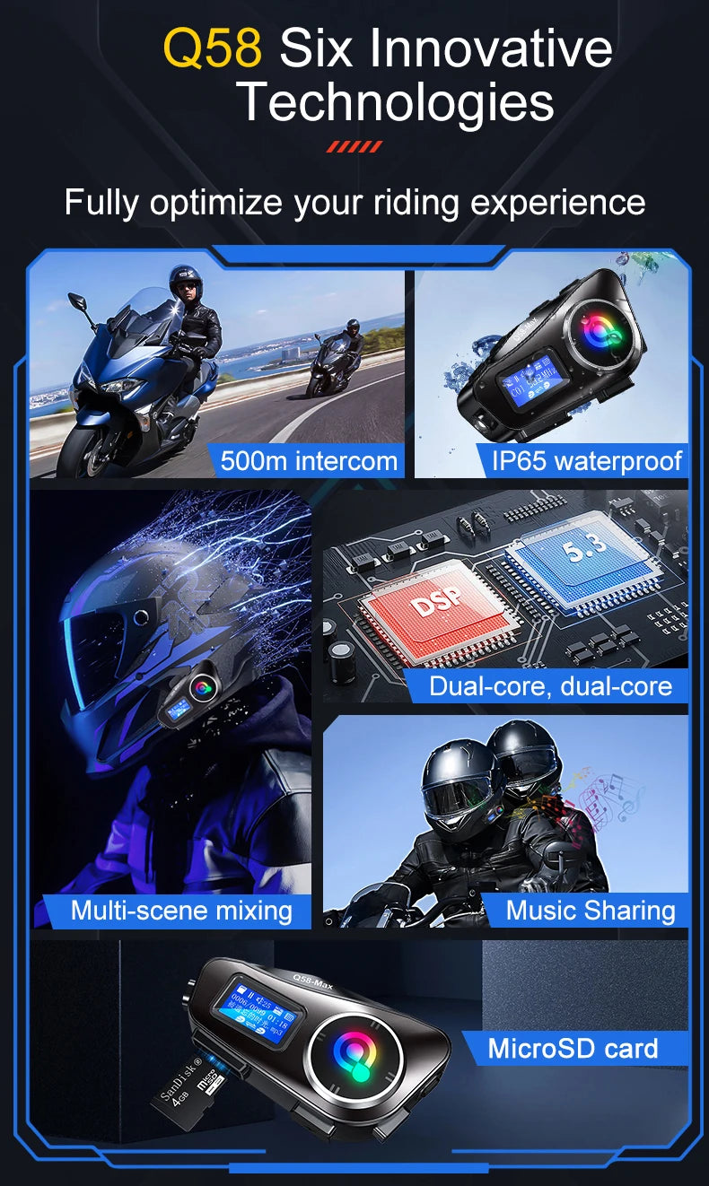 Q58 Max Motorcycle Bluetooth Intercom – 500m Helmet Communication