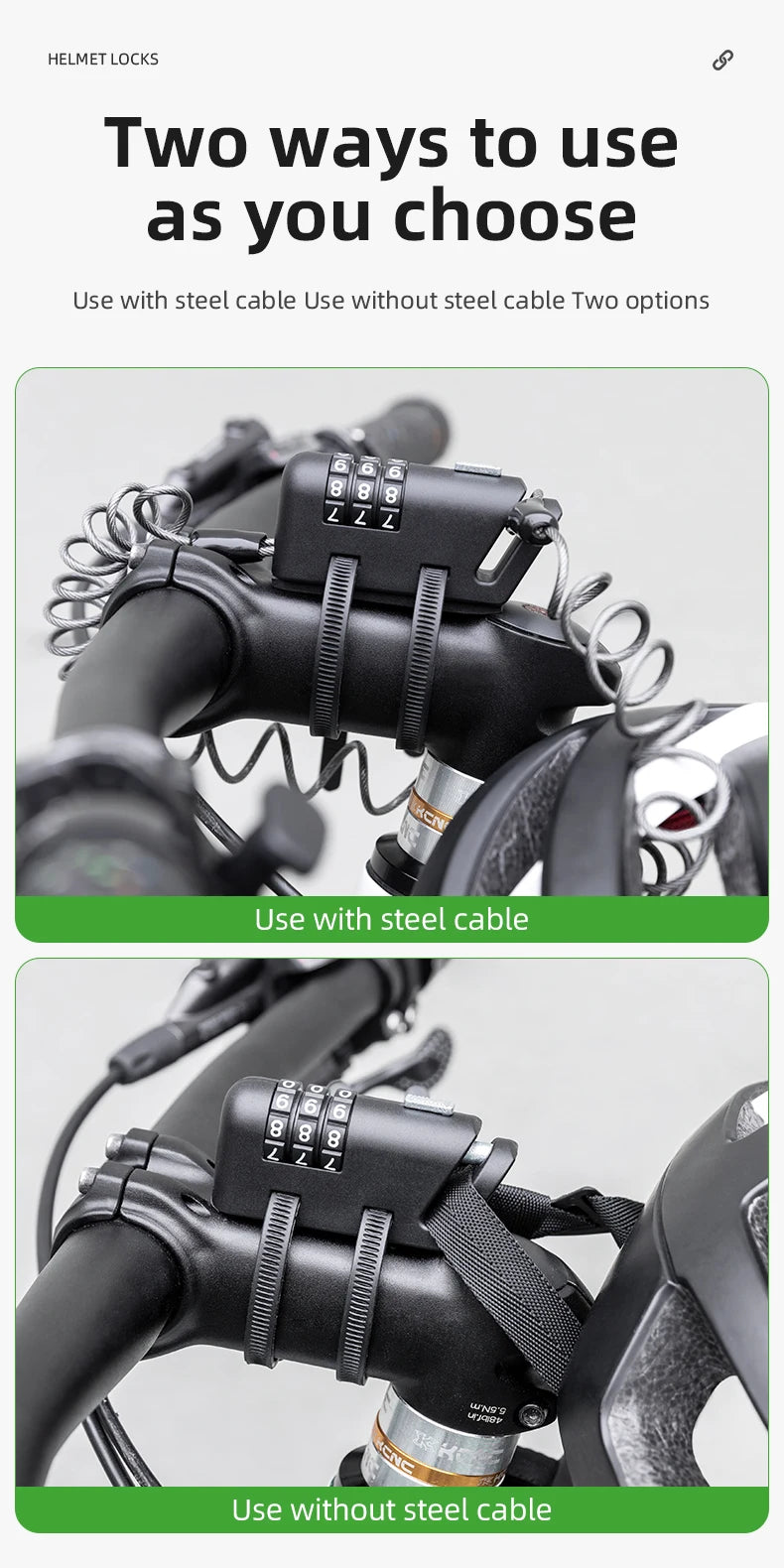 Rockbros Helmet Lock Anti-Theft Mini Bicycle Lock 3-Digit Password Lock Ultralight Flexible Bike Lock Motorcycle Helmet Lock – Model 907 1.5m PVC Steel Cable Two Ways to Use Black