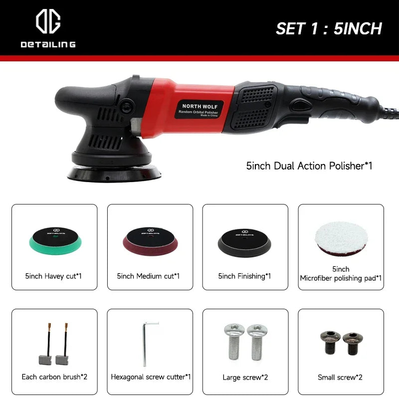 DETAILING North Wolf 900W Dual Action Car Polisher – 15mm / 21mm Orbit – 5" / 6" Pad – 6-Speed – 110V US / 220V EU – Machine Only or Set – CE Certified – $171–305