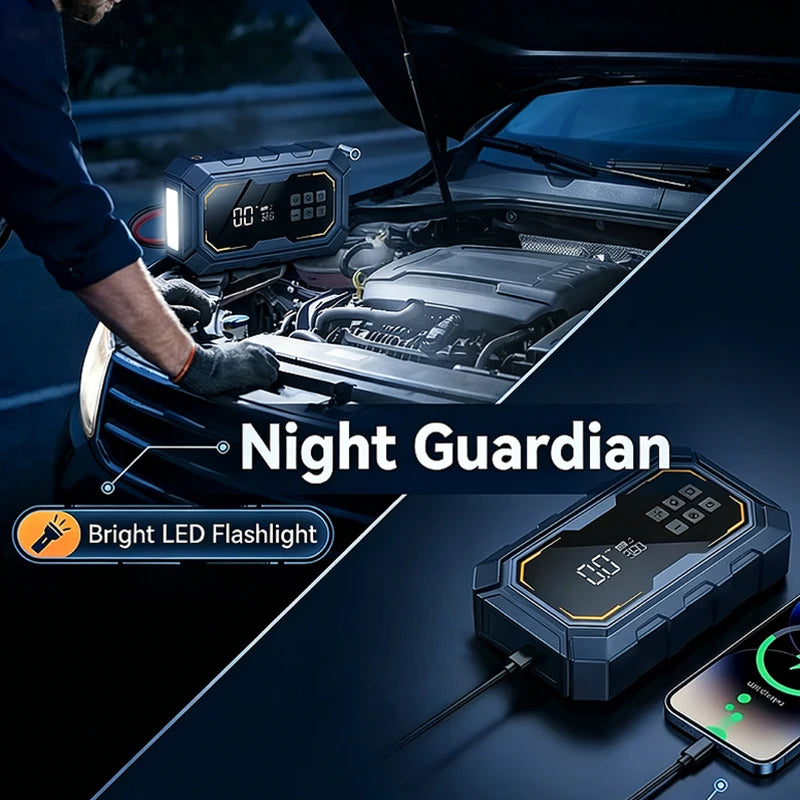 Motorcycle Jump Starter with Air Compressor 150PSI Tyre Inflator 4-in-1 Emergency Battery Booster Power Bank LED Flashlight 12V