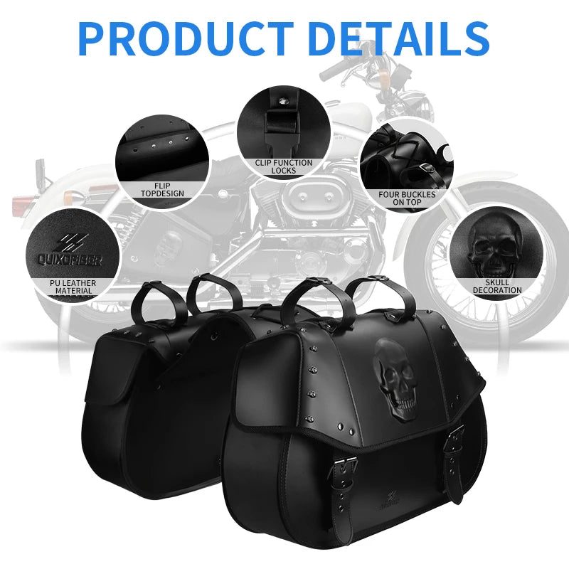Universal Motorcycle Saddlebags Side Storage Bags Anti-Water 34L PU Leather Side Tool Pouch Luggage Storage Bags for Harley Suzuki Kawasaki Yamaha Honda – Skull Flag / Black
