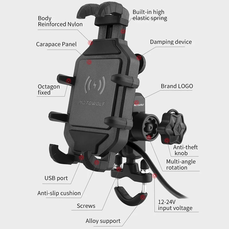 Motorcycle Wireless Charging Phone Mount – QC 3.0 Fast Charger GPS Handlebar Holder for 4–7" Phones