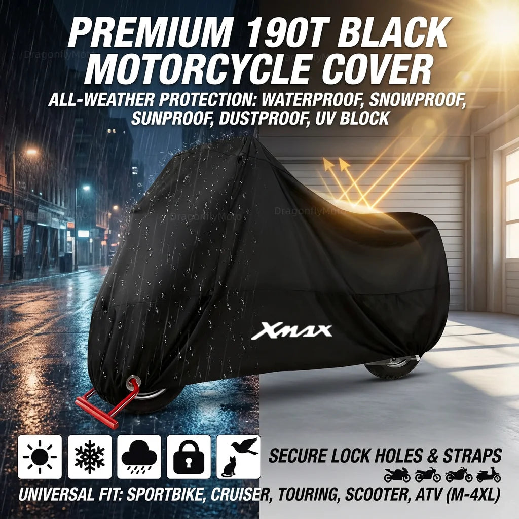 For Yamaha XMAX X-MAX 125 250 300 400 190T Waterproof Motorcycle Covers Motors Dust Rain Snow UV Protector Cover Indoor Outdoor – Polyester Taffeta PU Silver Coating Black Elasticized Hem L-4XL
