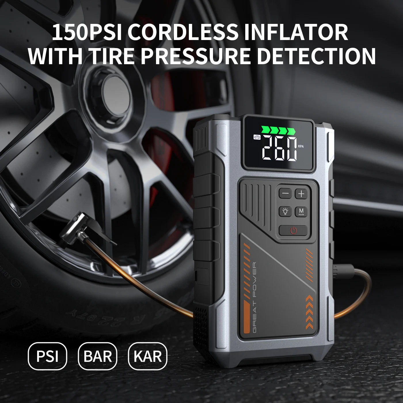 Motorcycle Jump Starter with Air Compressor 3000A Peak 150PSI Tyre Inflator Portable Battery Booster Pack with LED Light 12V