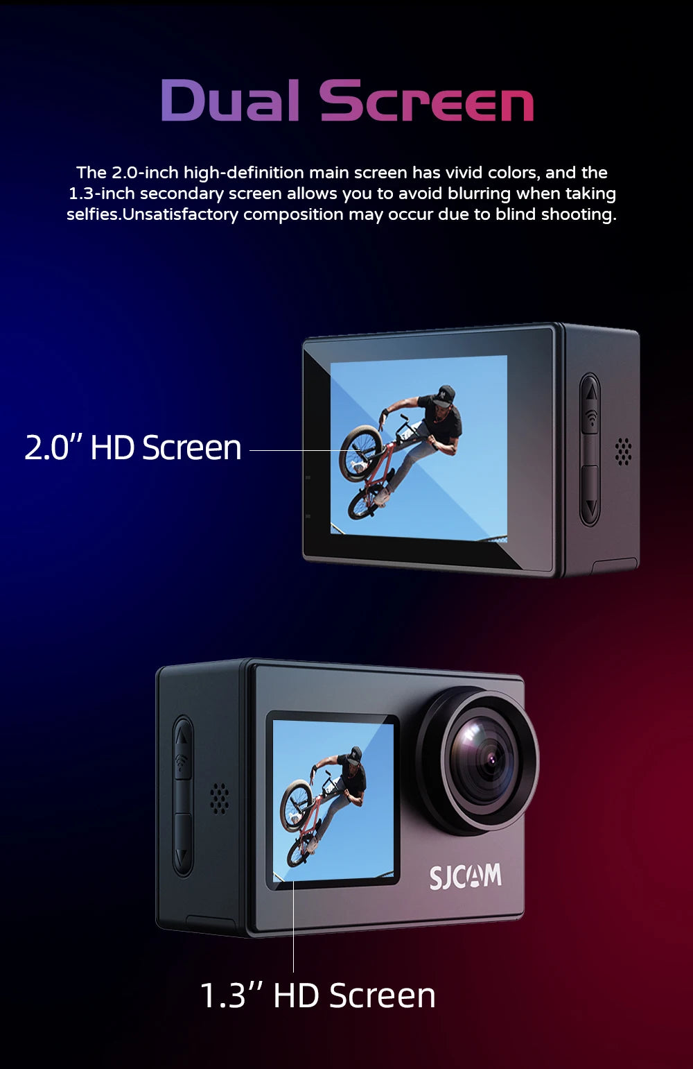SJCAM SJ4000 Dual Screen 4K 30fps Action Camera 2.0" Rear + 1.3" Front Screen 170° Wide-Angle 30M Waterproof 2.4G WiFi Anti-Shake Car Mode Loop Recording Sports Camera for Motorcycle Bicycle Helmet Diving