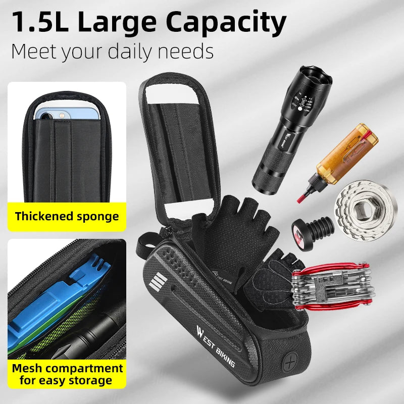 WEST BIKING 1.5L Waterproof Bike Phone Pouch – Touchscreen Top Tube Frame Bag for Up to 7" Phones