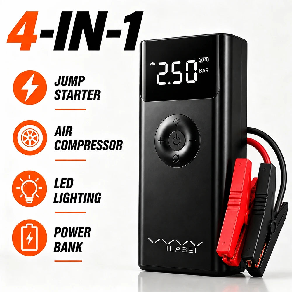 Motorcycle Jump Starter 12V 600A with Air Compressor Portable Power Bank Tyre Inflator LED Lighting Battery Booster