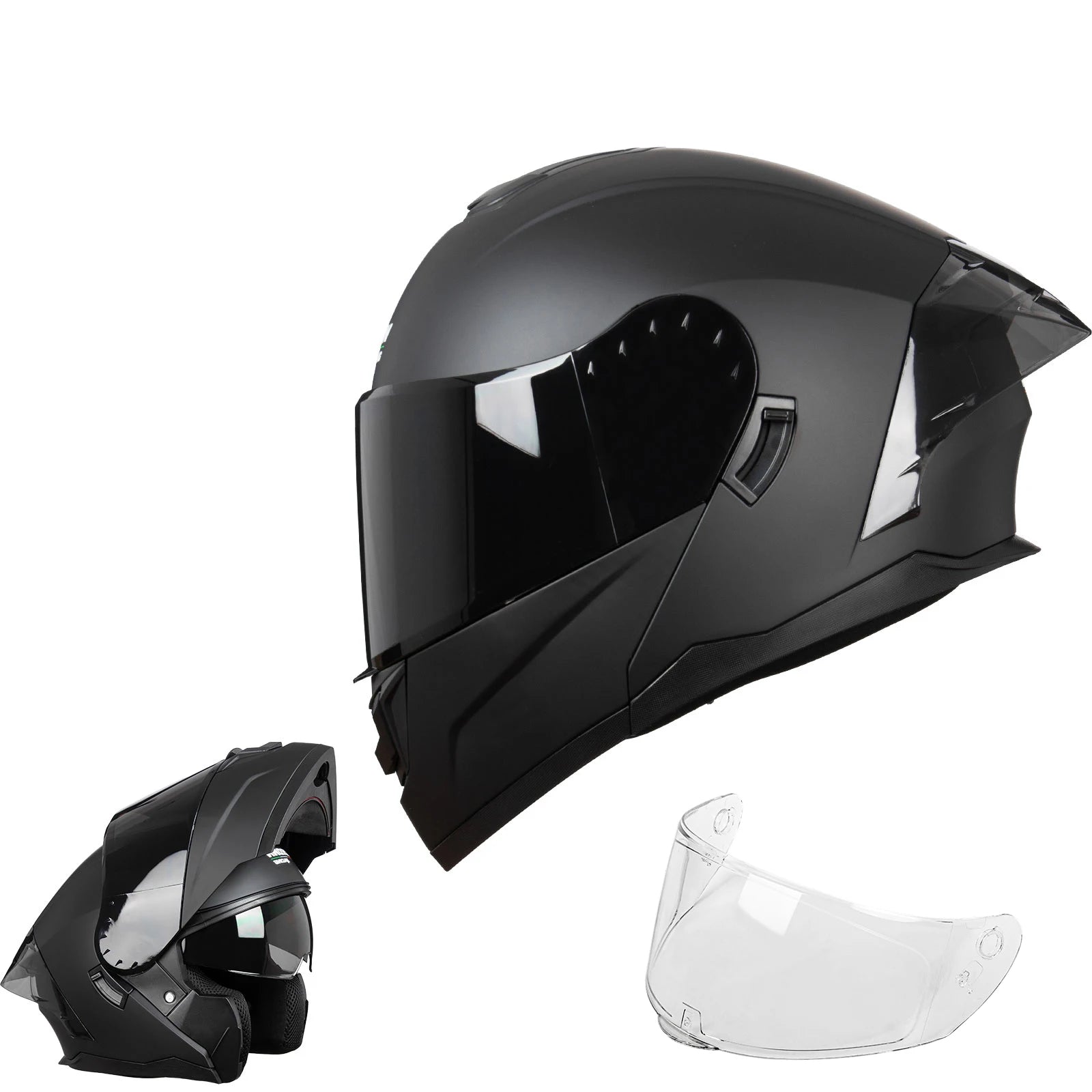 Crown Racing Modular Motorcycle Helmet, DOT Certified Flip-Up Full Face Helmet with Dual Visor and Extra Clear Shield, Adult Sizes M-XL, Matte Black