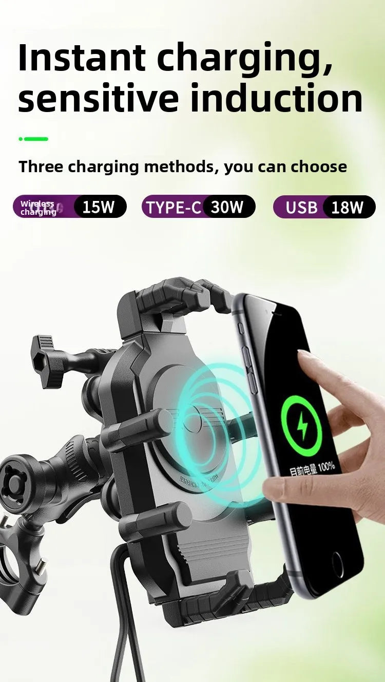 New Motorcycle Phone Holder, 15W Fast Wireless Charging, Shockproof Navigation Bracket with Anti-Theft Lock, Universal