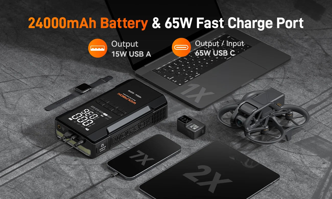 WOLFBOX JS24AIR Motorcycle Jump Starter 4000A with 160PSI Air Compressor 88.8Wh Portable Jump Box Tyre Inflator LED Light 12V (10L Gas / 10L Diesel)