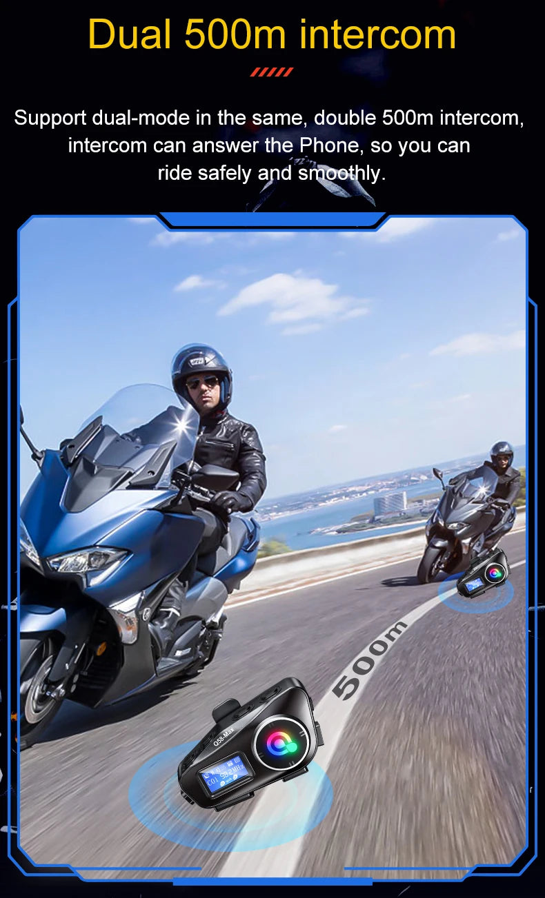 Q58 Max Motorcycle Bluetooth Intercom – 500m Helmet Communication