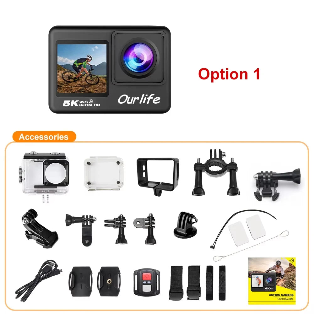 OURLIFE 5K Action Camera 4K60FPS 48MP Sony Sensor 2.0" Touch Screen WiFi EIS 170° Wide-Angle 30M Waterproof Remote Control Sports Camera for Bicycle Motorcycle Diving Outdoor