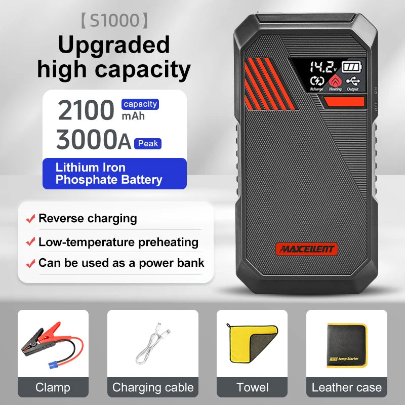 Maxcellent S1000 3000A Jump Starter – 12V Portable Car Battery Booster with Fast Charging & LED Light