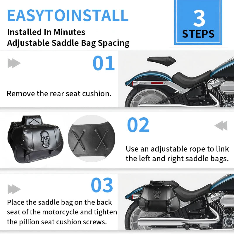 Universal Motorcycle Saddlebags Side Storage Bags Anti-Water 34L PU Leather Side Tool Pouch Luggage Storage Bags for Harley Suzuki Kawasaki Yamaha Honda – Skull Flag / Black