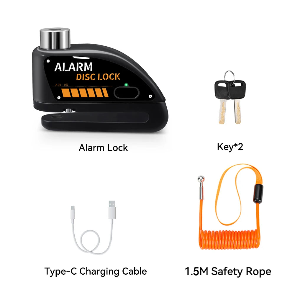 Extractme Motorcycle Alarm Disc Brake Lock 120dB Bicycle Wheel Disk Padlock Security Anti-Theft Lock Scooter – USB-C Rechargeable – 7mm – With or Without Rope – Red Black Blue Green Yellow