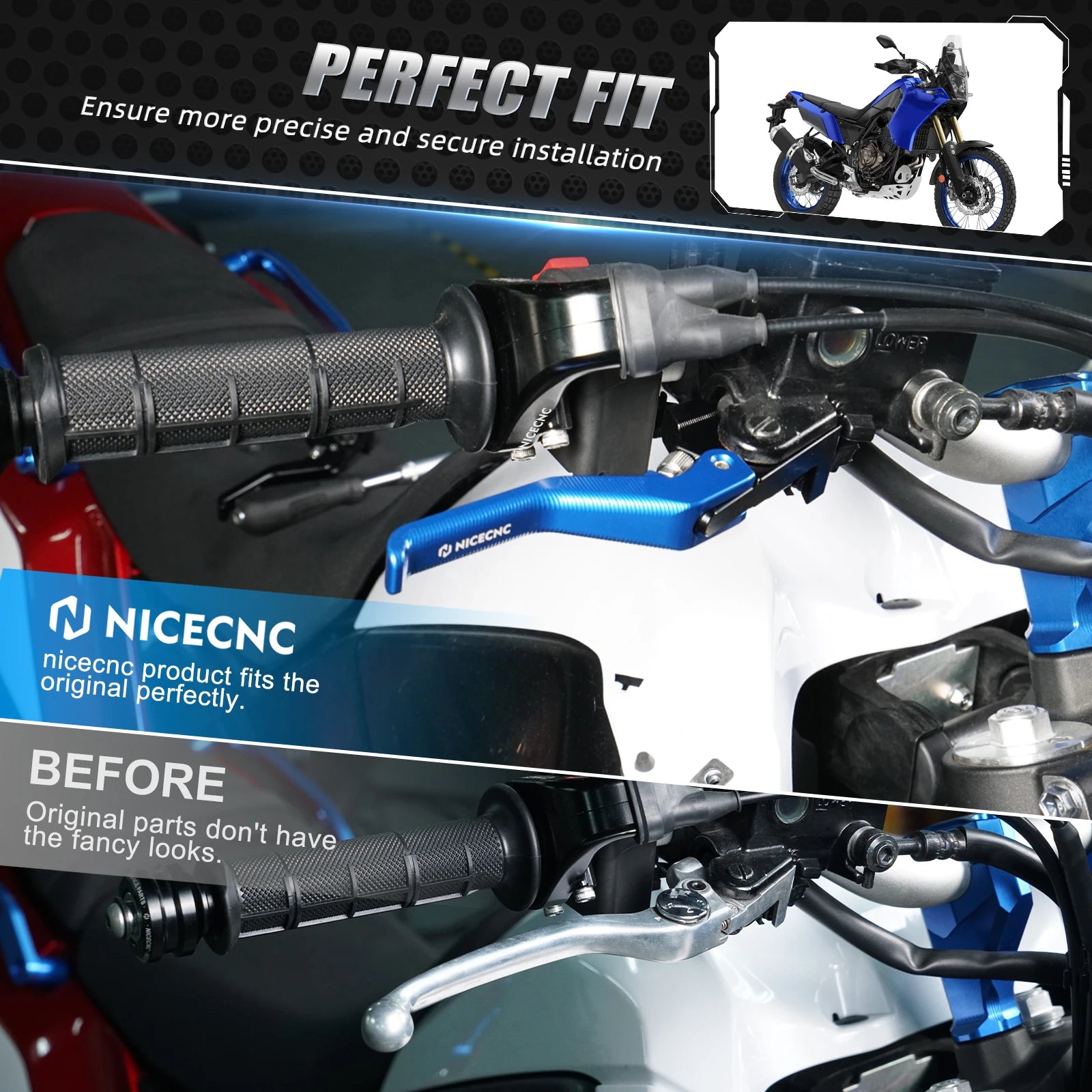 Yamaha Ténéré 700 / XTZ700 2019–2024 / XSR700 / MT-07 NICECNC Shorty Brake Clutch Lever & Clutch Arm – CNC 6061-T6 Aluminum – Blue / Black – $44–$167