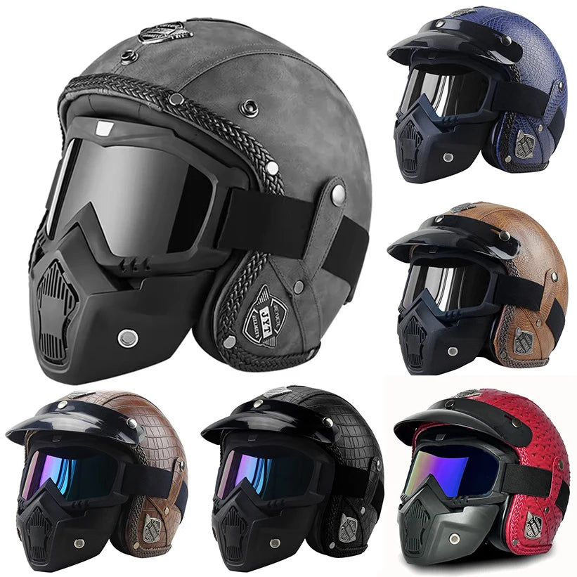 Open Face Helmets – Retro PU Leather Motorcycle Helmet, Vintage Cafe Racer Style, DOT & ECE Certified