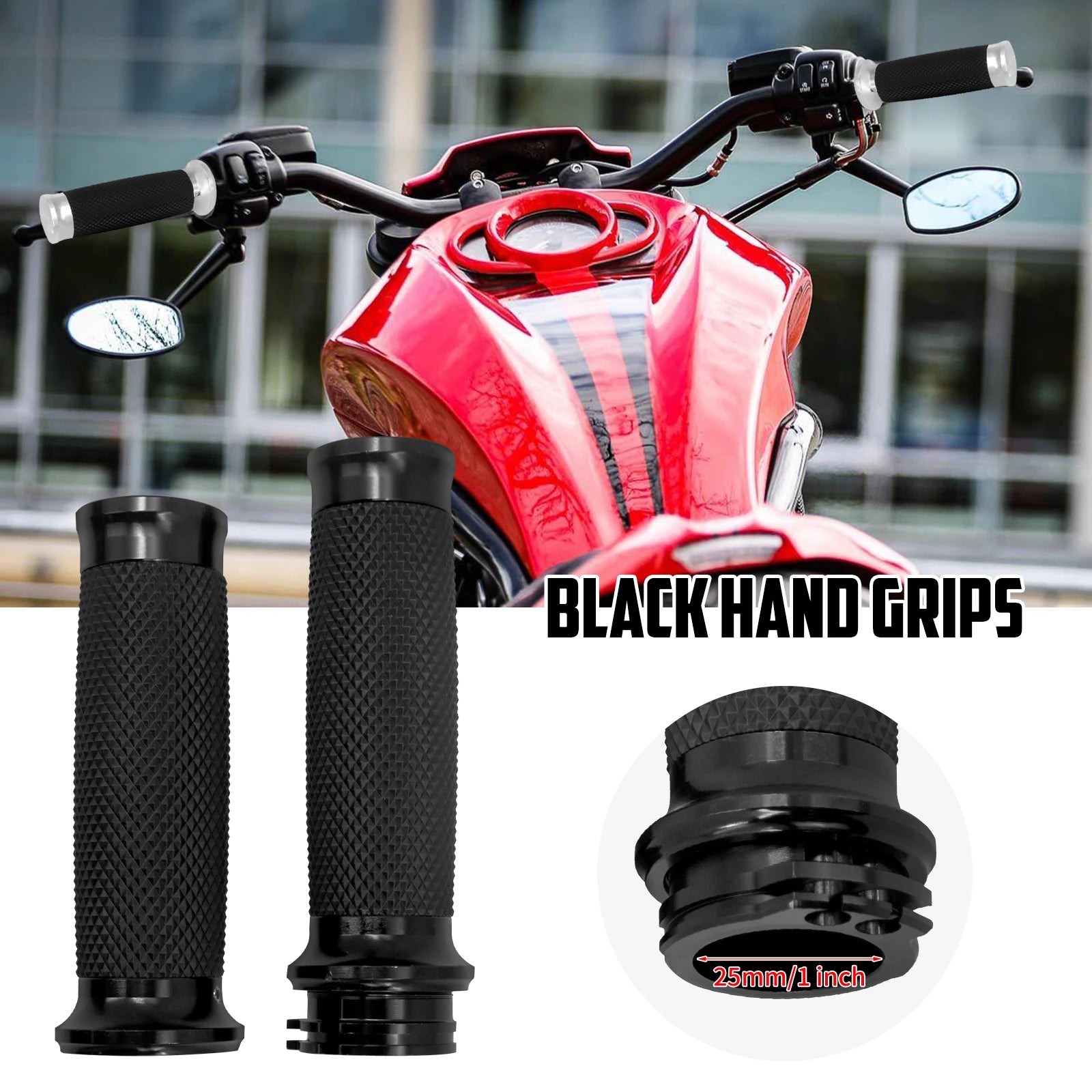 REWMTER Harley-Davidson Motorcycle Handlebar Grips 1" 25mm Aluminum Rubber Lining Hand Grips for Harley Sportster XL 883 1200 XR Touring Road King Dyna Softail V-Rod VRSC – Black / Chrome (1 Pair)