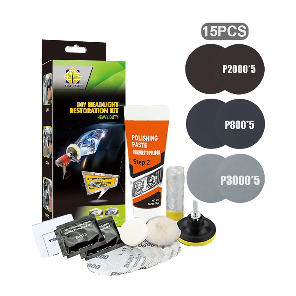 Professional Car & Motorcycle Headlight Restoration Kit – Wet Sand + Polish + UV Protect – Removes Yellowing Scratches – Car / Motorcycle / ATV – 24 Set Options – $40