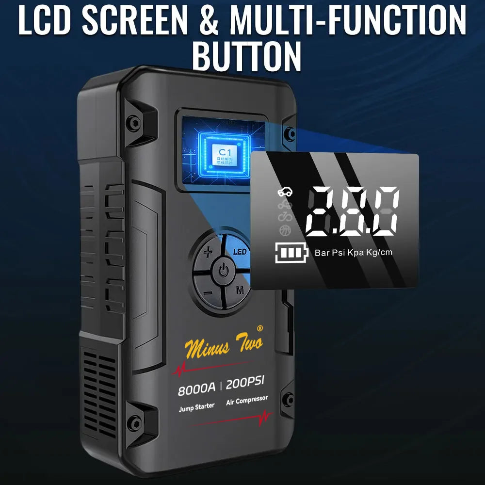 Motorcycle Jump Starter 8000A with 200PSI Air Compressor 4-in-1 Portable Power Bank Tyre Inflator Motorcycle Battery Booster Starting Device