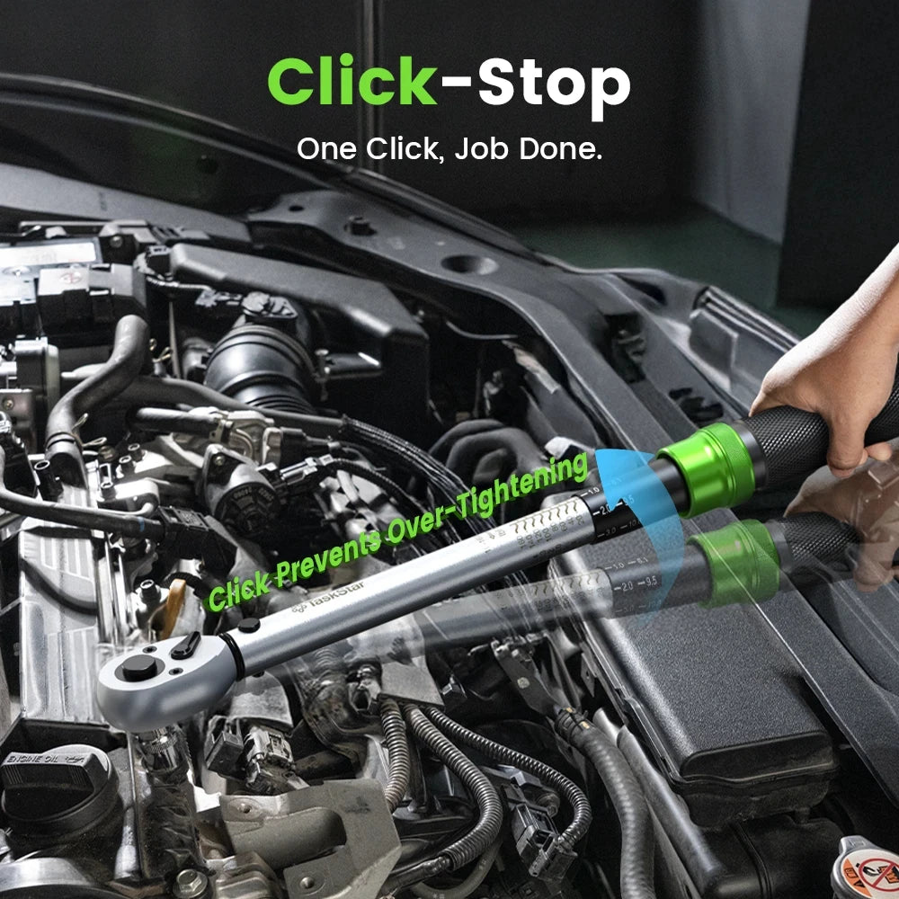 TaskStar 8-in-1 Click Torque Wrench Set – 1/4” + 3/8” + 1/2” – 72-Tooth – ±3% Accuracy – 5 Adapters + Case – $108