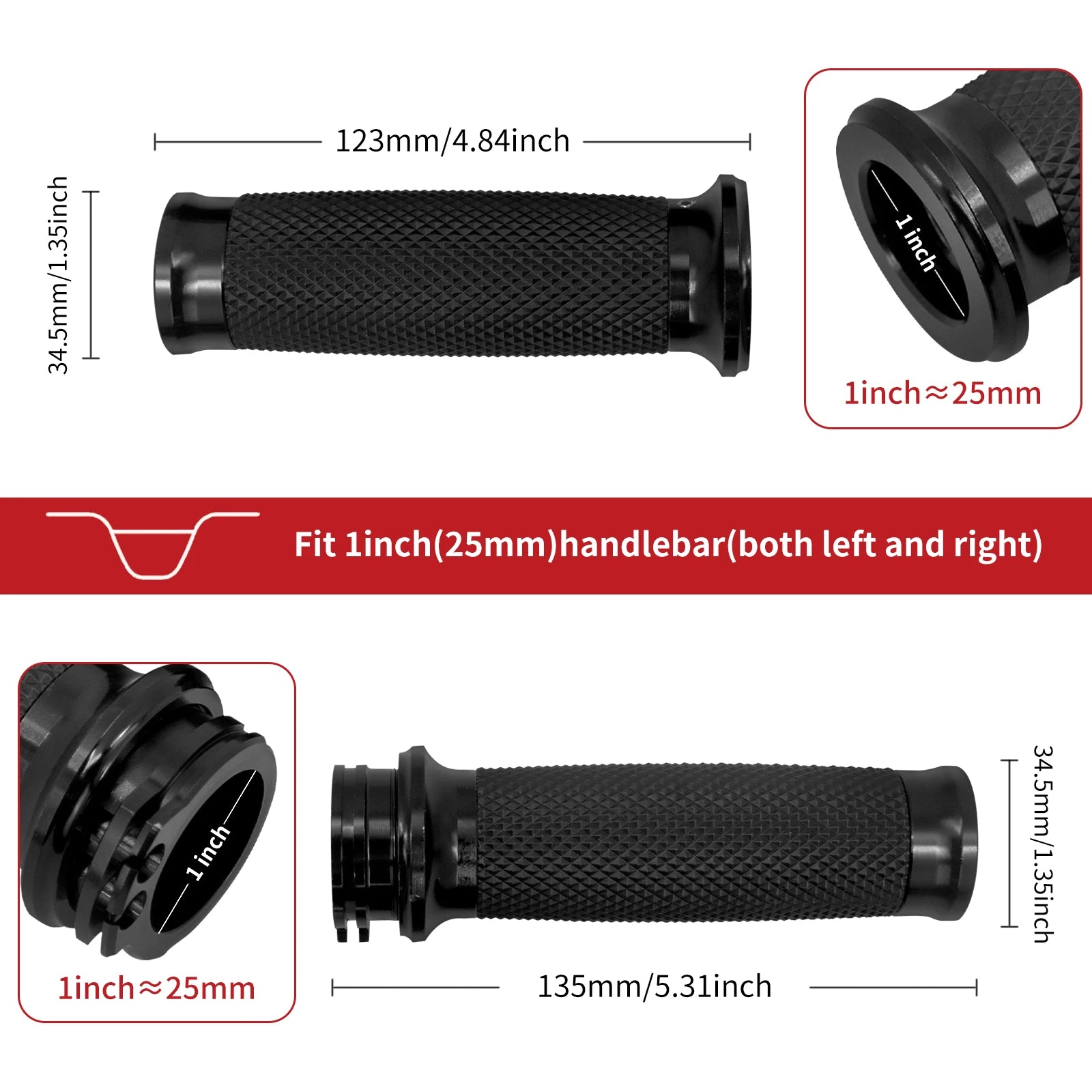 REWMTER Harley-Davidson Motorcycle Handlebar Grips 1" 25mm Aluminum Rubber Lining Hand Grips for Harley Sportster XL 883 1200 XR Touring Road King Dyna Softail V-Rod VRSC – Black / Chrome (1 Pair)