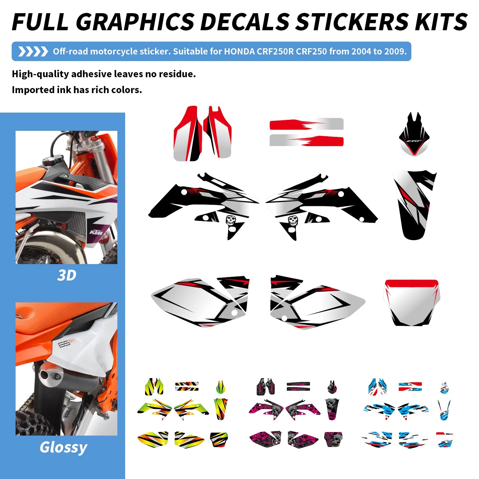 Honda CRF250R 2004–2009 Motorcycle Graphic Background Decal Sticker Kit – 12 Designs – 29mil / 35mil Glossy or 31mil 3D – Ships from USA – $72–$78