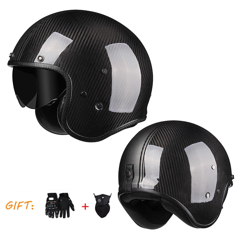 Carbon Fiber Helmets – Genuine Carbon Fiber 3/4 Open Face Motorcycle Helmet, Retro Cafe Racer with Inner Visor
