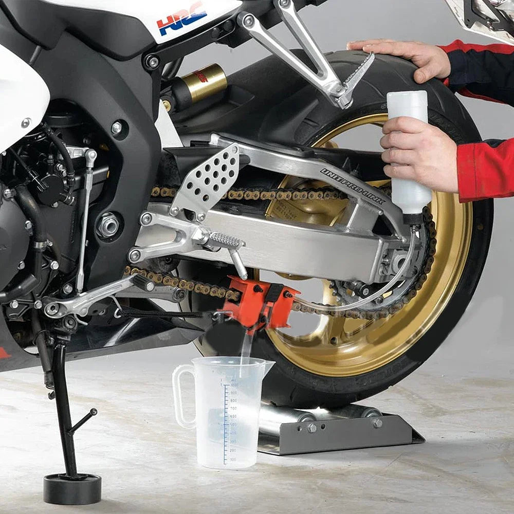 Motorcycle Chain Cleaning & Lube Device Kit – Brush Gear Cleaner & Lubricating Accessory – Blue / Black / Red – $50–52