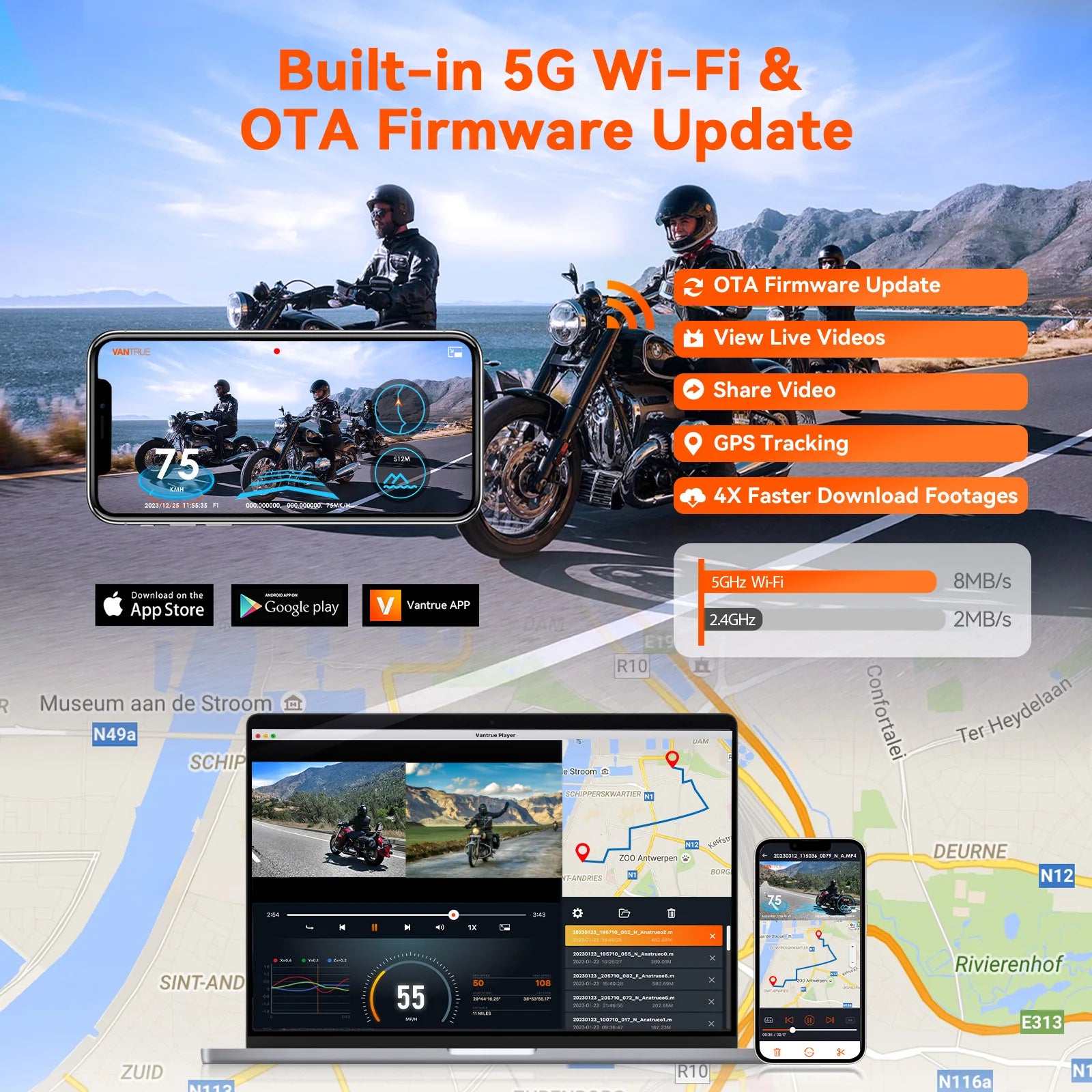 Vantrue F1 Motorcycle Dash Cam 4K Front 1080P Rear IP67 Waterproof WiFi GPS 160° 24H Parking Mode Wired Remote Motorcycle Camera DVR STARVIS OTA 18-Month Warranty