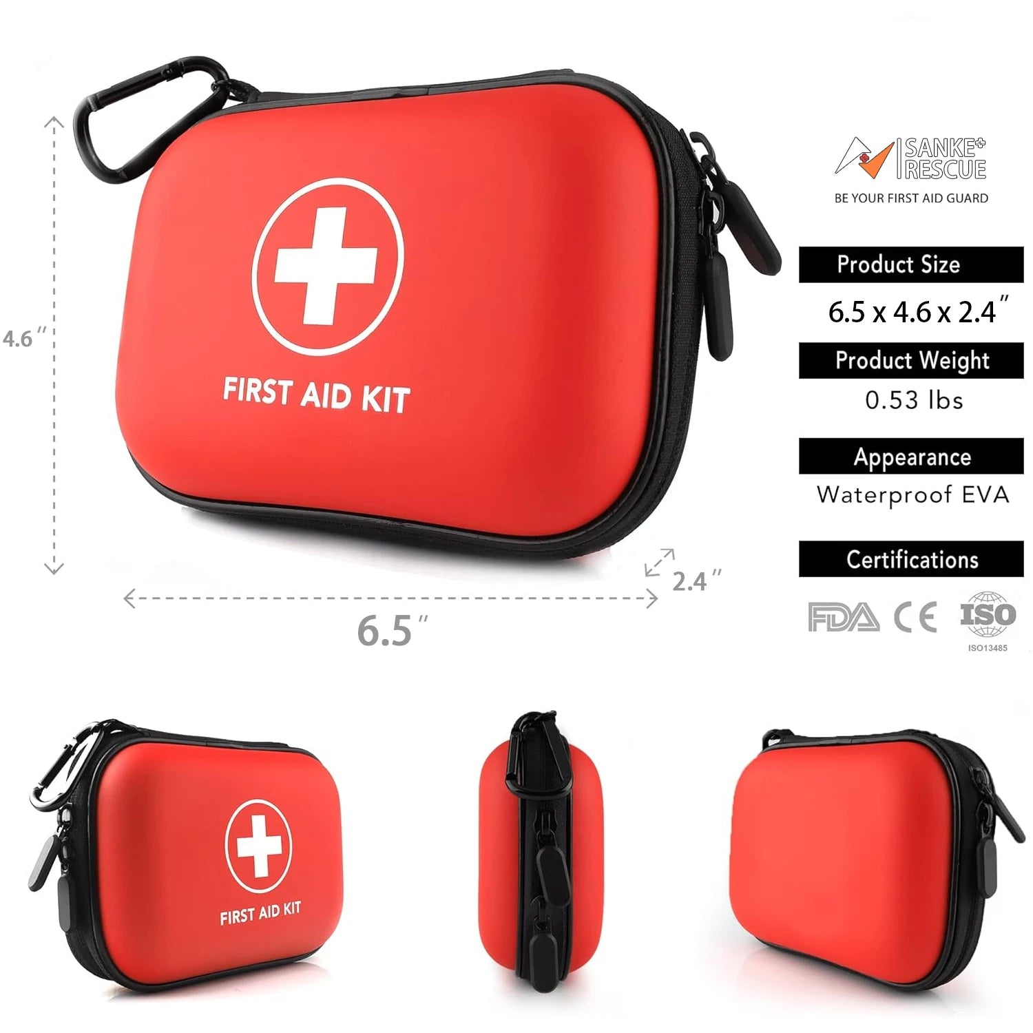 Sanke Rescue 103-Piece First Aid Kit Compact Waterproof EVA Case with Carabiner for Camping Hiking Motorcycle Bike Travel Home