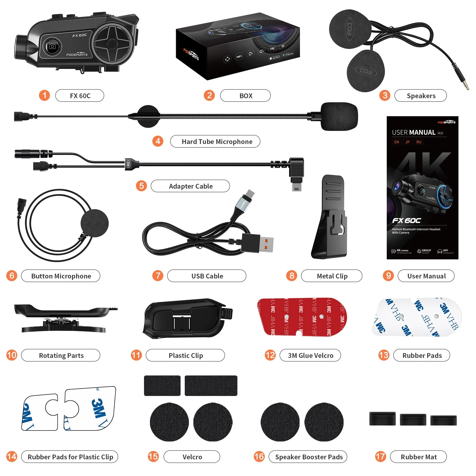 Fodsports FX60C Motorcycle Bluetooth Intercom – 4K Camera & 10-Rider