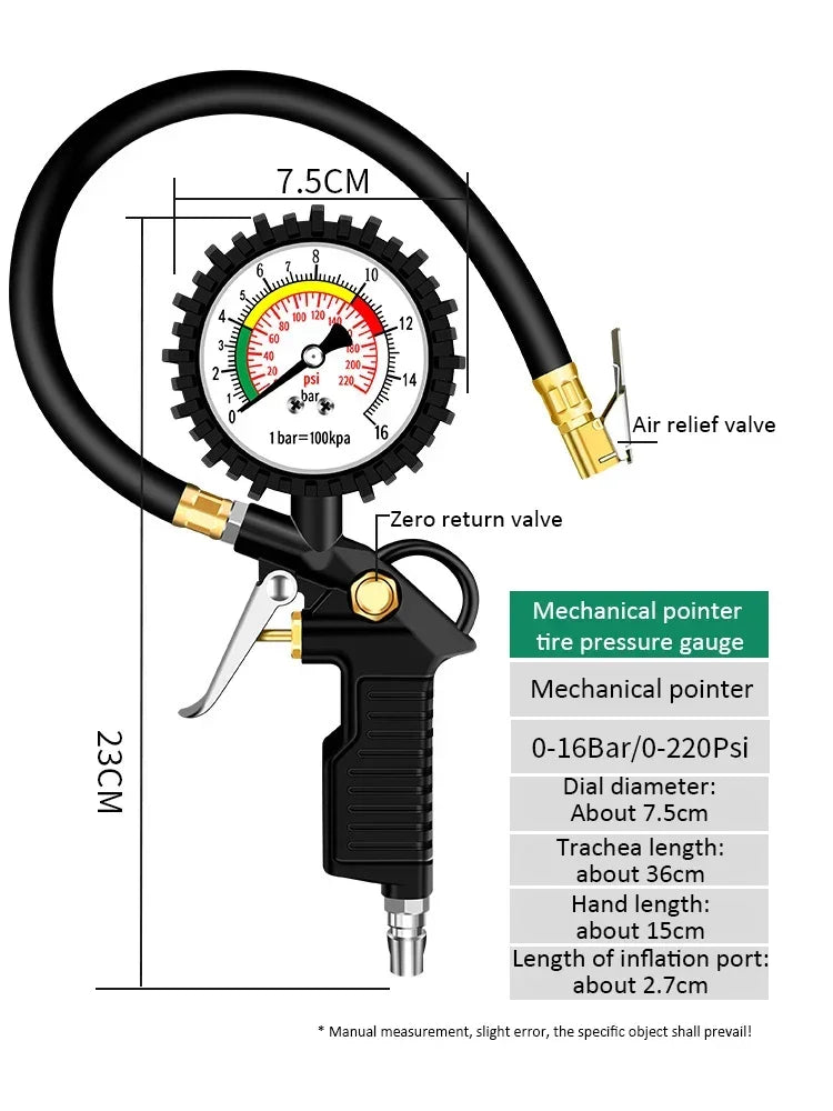 220 PSI Tire Pressure Gauge – Car, Truck & Motorcycle Tire Inflator with Flexible Hose