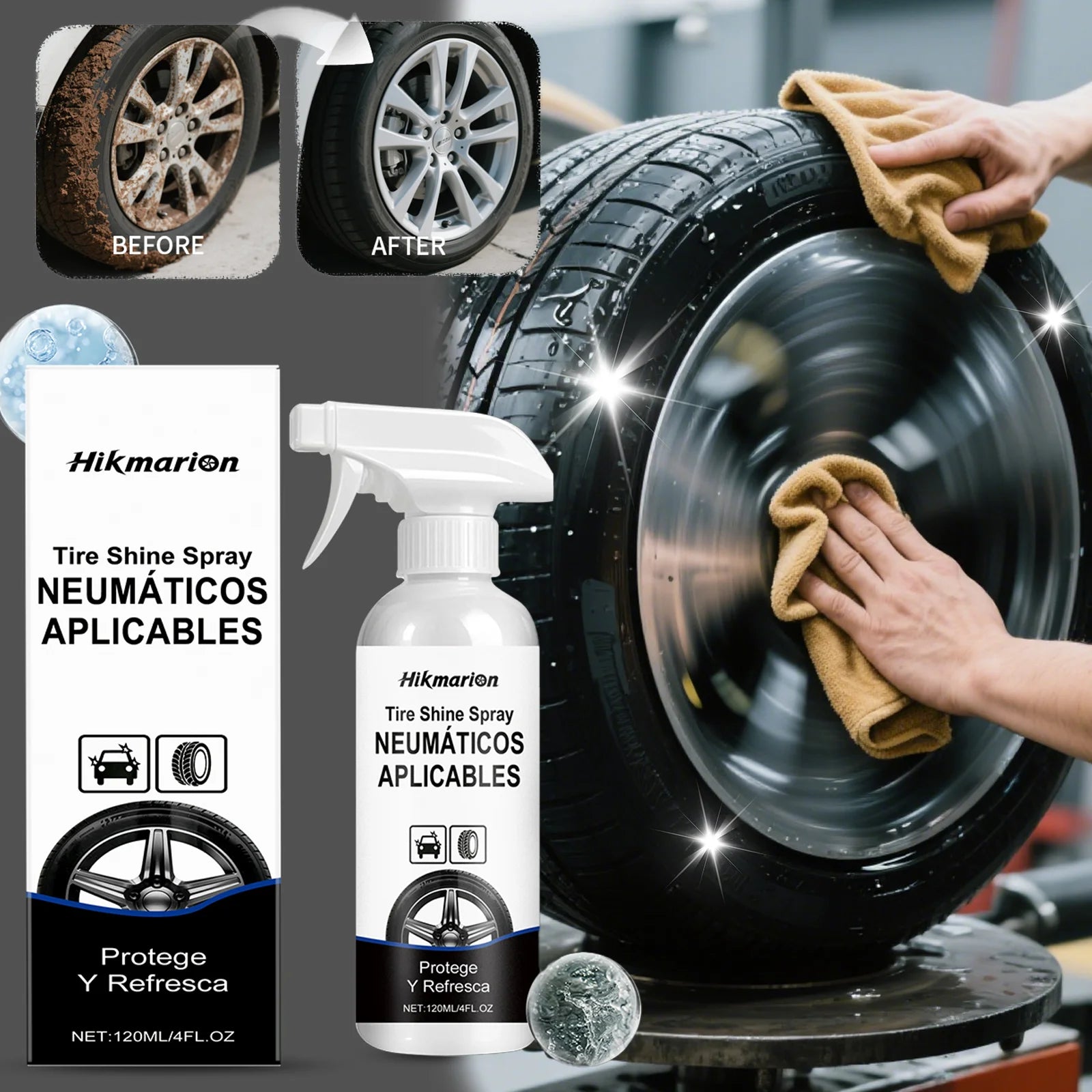 Water-Based Tire Gloss Spray 120ml – Non-Greasy UV Protection Matte to Gloss Finish for Black Tires – 1–10 Bottles – $16–76