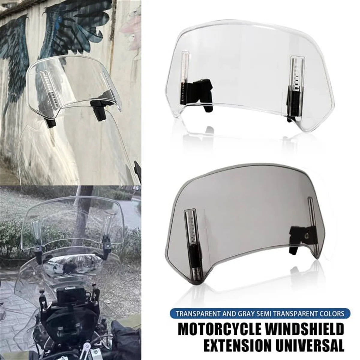 Universal Motorcycle Windshield Extension Adjustable Spoiler Clamp-On Windscreen Deflector Suitable for All Motorcycle Parts – SOYAVISION ABS 280mm 300mm 360mm Grey Clear No Drill