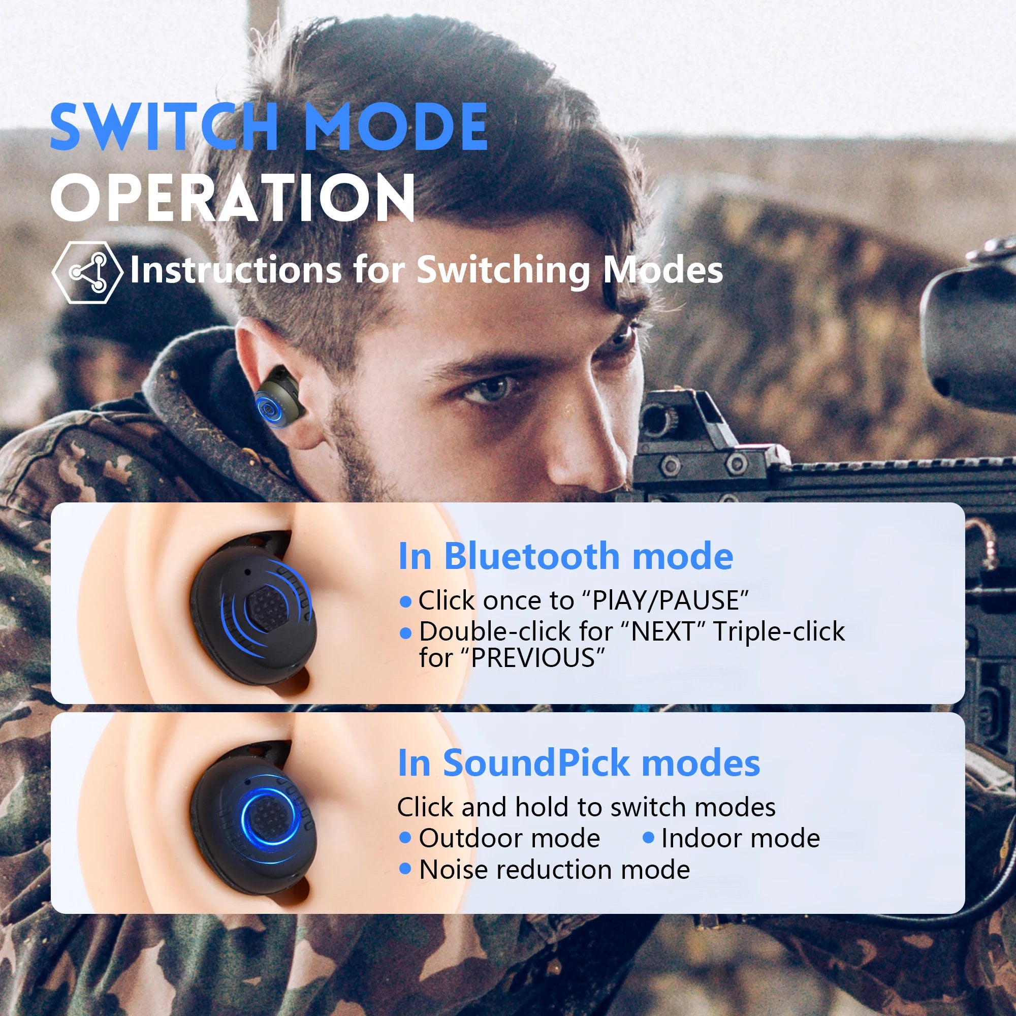 E30 Professional Electronic Shooting Earplugs Advanced Noise Cancelling Hearing Safety Protection Earmuff for Hunting Tactical – CE + FCC Certified – 230g – Desert / Green / Black