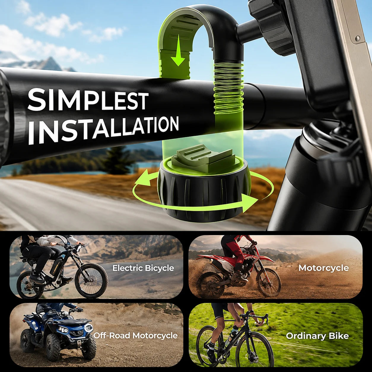 ZEKA Universal Motorcycle Phone Mount – One-Hand Shockproof Handlebar GPS Holder for Bikes, Scooters & E-Bikes