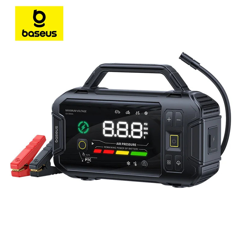 Baseus PrimeTrip VJ1 Motorcycle Jump Starter 3000A 4-in-1 with 150PSI Air Compressor 21600mAh Power Bank Patented PTC Heating LED Light