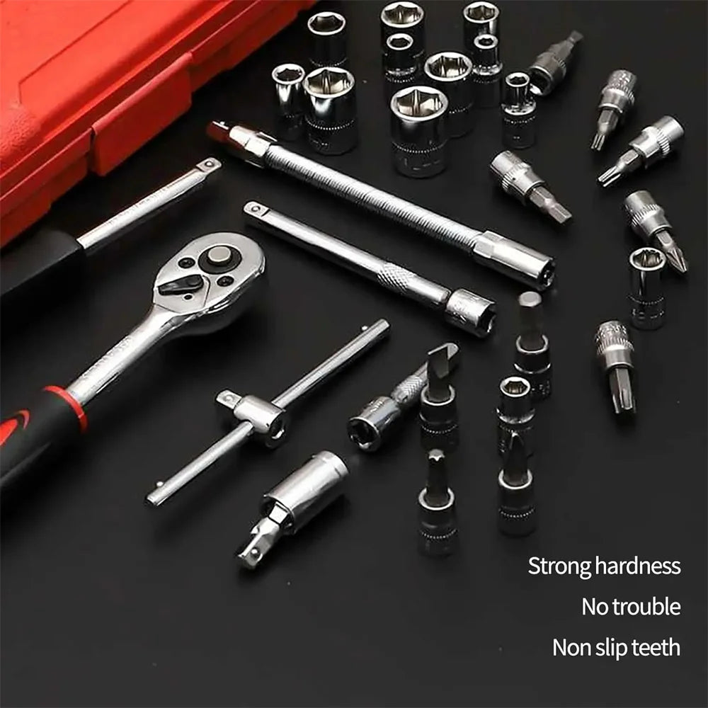 46-Piece 1/4" Drive Socket Ratchet Wrench Set – Chromium Vanadium Steel – Motorcycle / Car / Bicycle Repair – Red / Green / Black – from $27